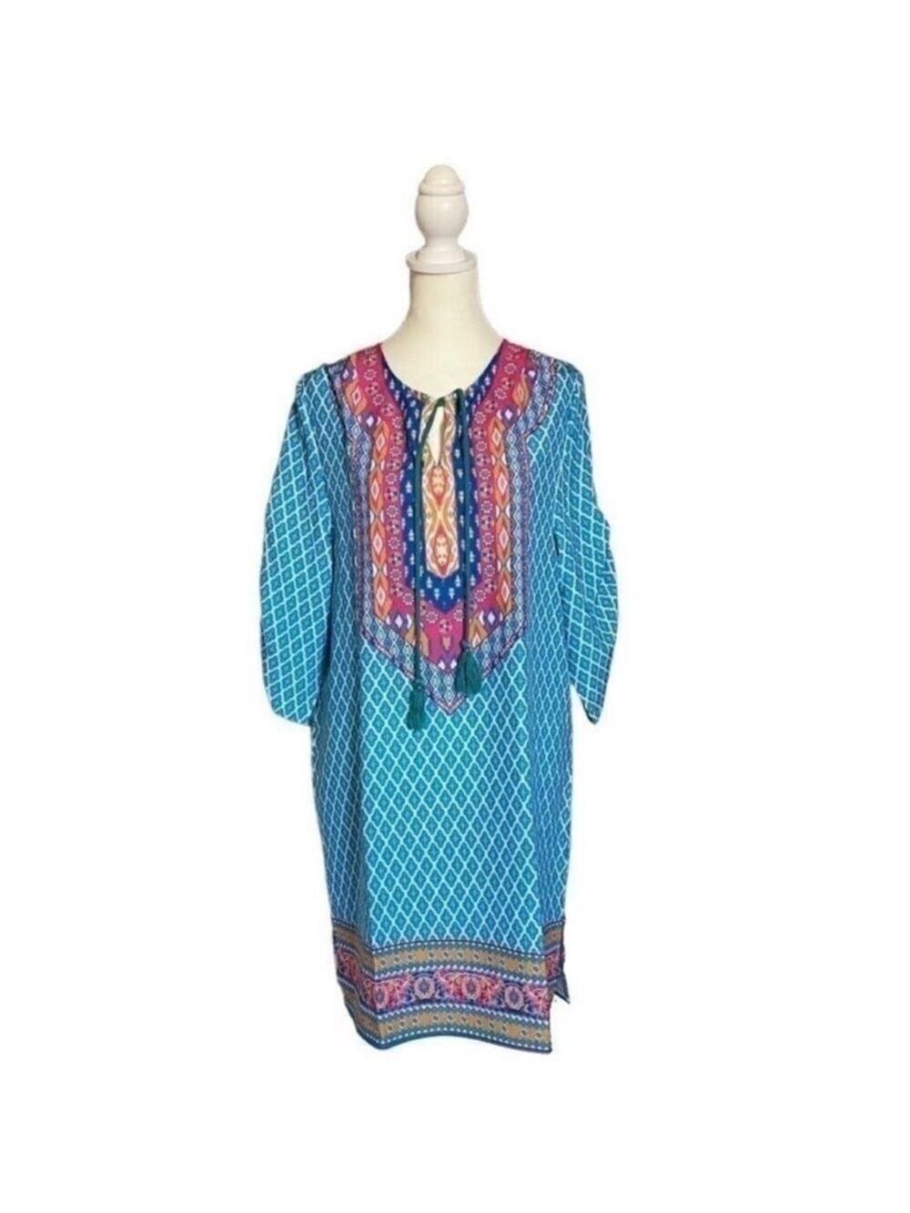 Urban Coco Blue Multicolor Ruche Sleeve Swim Coverup Dress with Tassels Medium